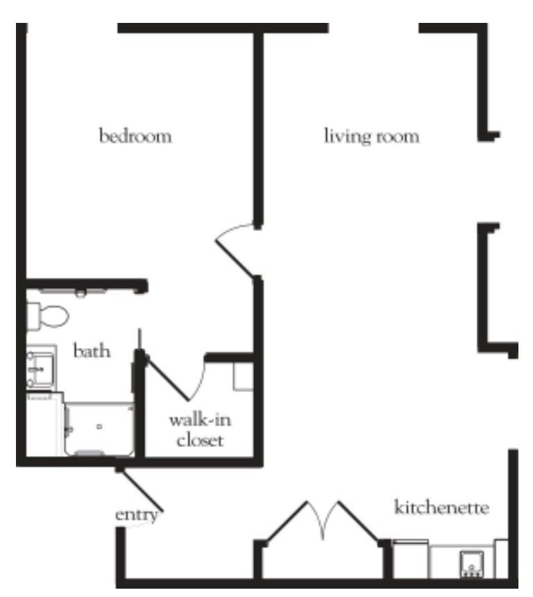A floor plan of a one-bedroom apartment with labeled rooms.