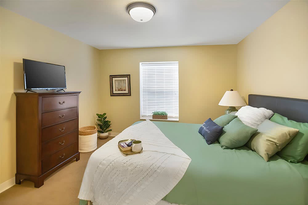 A cozy bedroom with a neatly made bed, complete with green pillows and a white comforter. A wooden dresser with a TV sits to the side, while soft lighting from a table lamp adds warmth to the room.