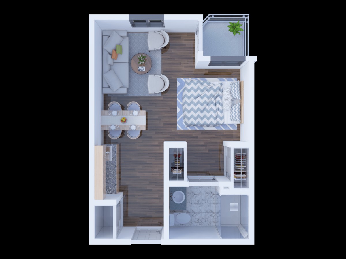A compact apartment floor plan featuring a bedroom, living area, kitchen, and bathroom.