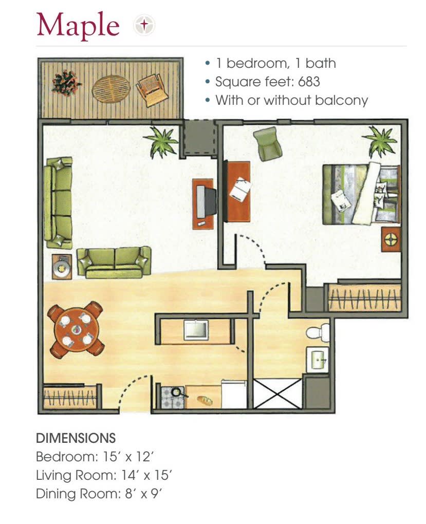 A floor plan of a one-bedroom apartment with a balcony and listed dimensions.