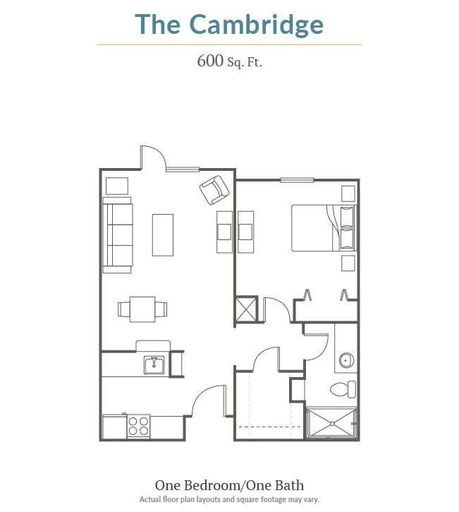 The Cambridge floor plan for a one-bedroom apartment, totaling 600 sq. ft.