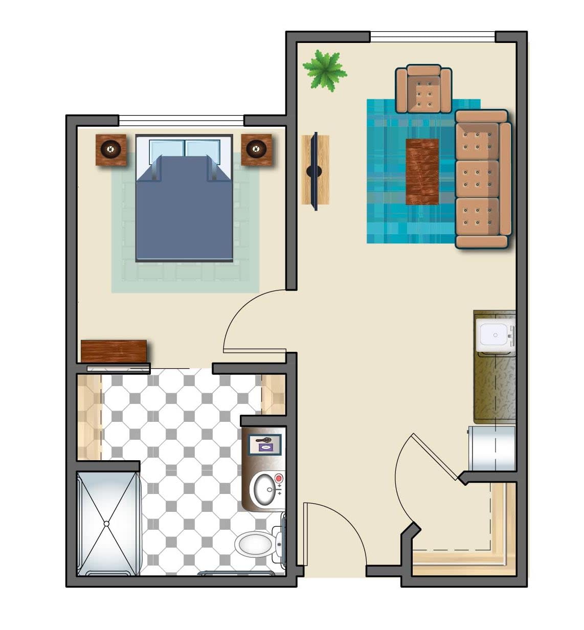 A simple one-bedroom apartment floor plan with a living area, bedroom, and kitchen.
