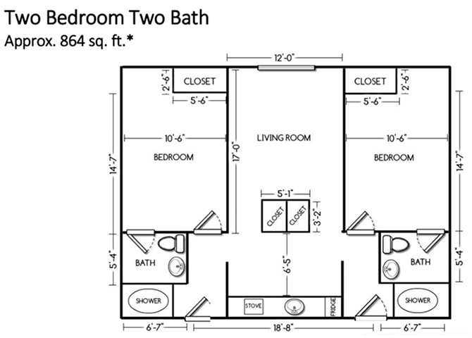 Two-bedroom, two-bathroom apartment floor plan with a central living room.