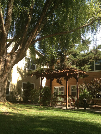 A serene outdoor space featuring a gazebo surrounded by lush greenery.