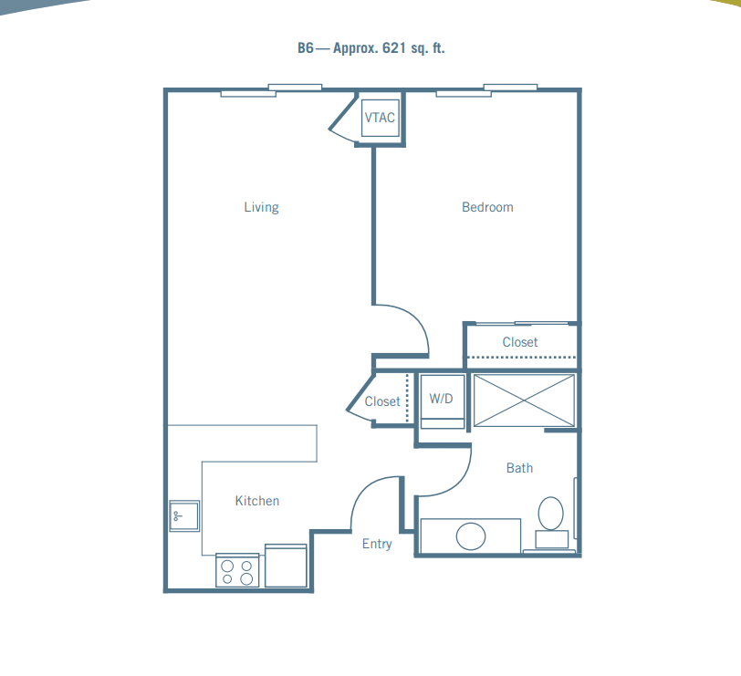 Floor plan of a one-bedroom apartment with a living room, kitchen, and bathroom.