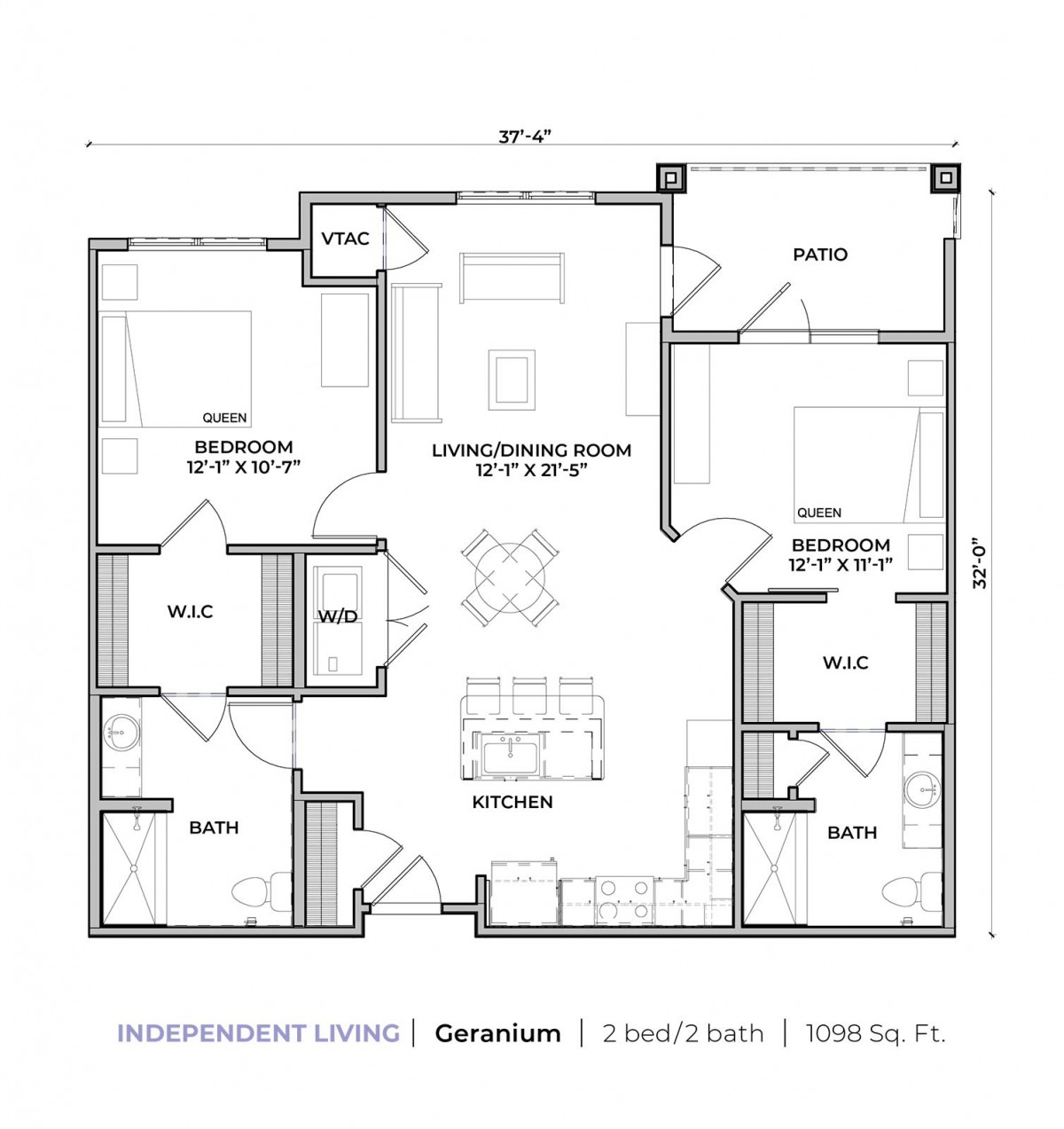 A floor plan of a residential home featuring two bedrooms, an open living area, and kitchen.