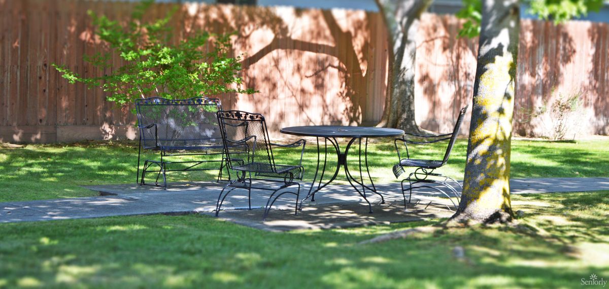 A scenic outdoor setting with iron chairs and a table casting shadows on the grass.