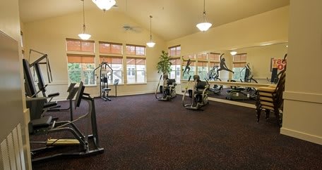 A well-equipped gym with exercise machines, mirrors, and ample lighting.