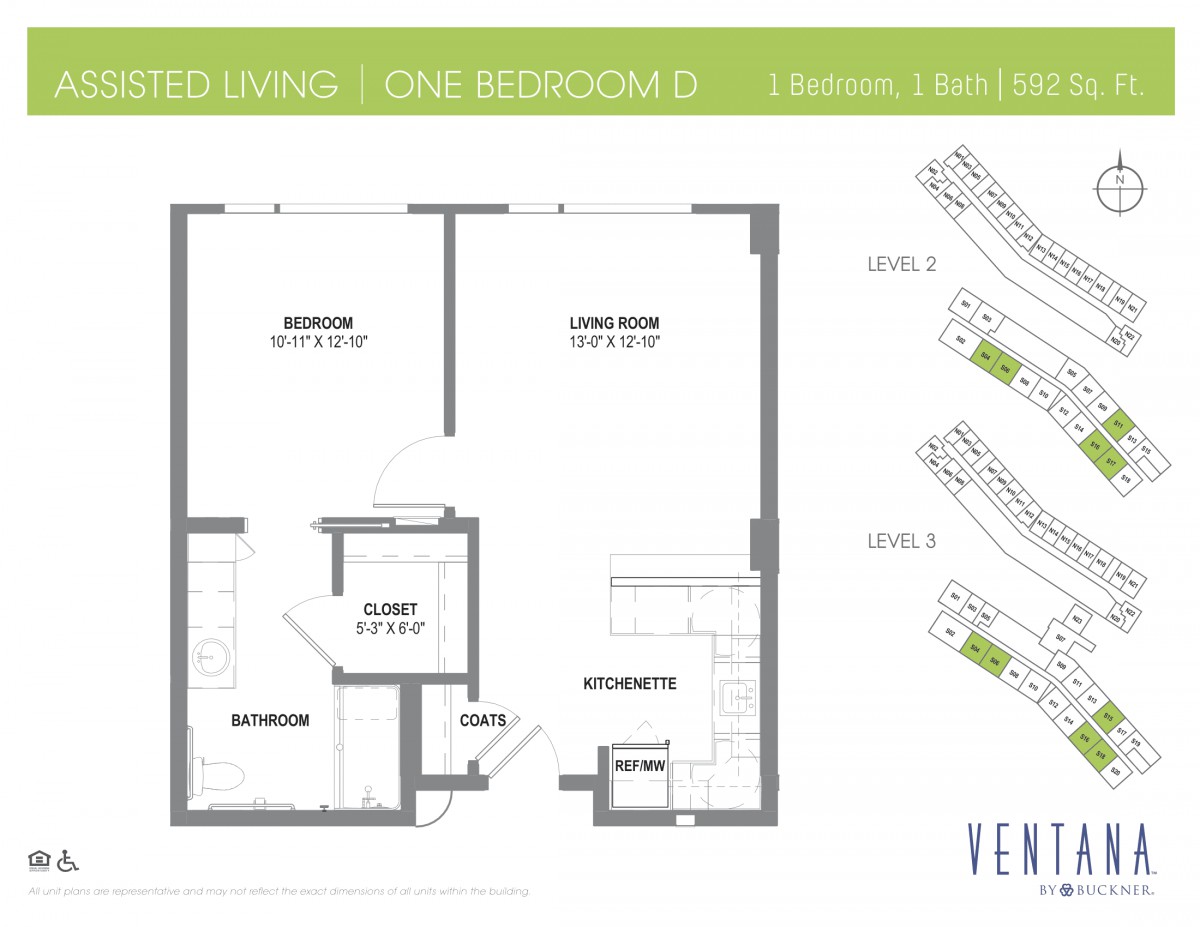 This image displays a floor plan for a one-bedroom assisted living apartment, including labeled rooms such as the kitchen, bathroom, and living area.