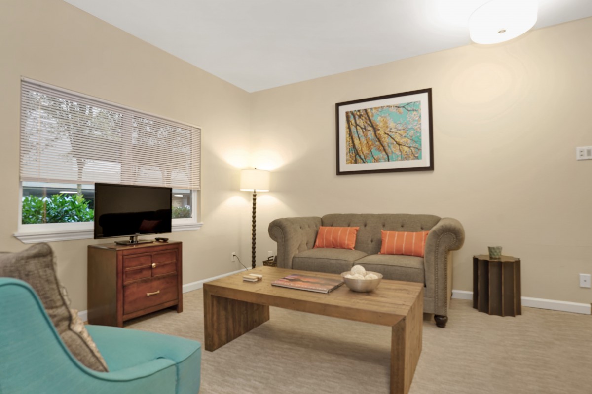 A cozy living room with a comfortable sofa, wooden coffee table, and a television set, warmly lit by a floor lamp.