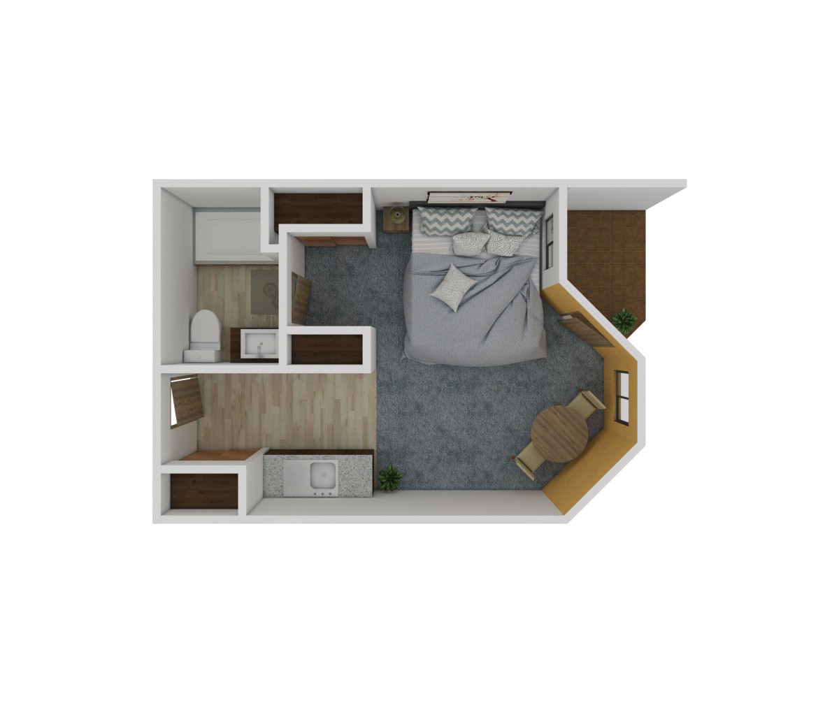 A compact bedroom floor plan featuring essential furniture and functional layout.