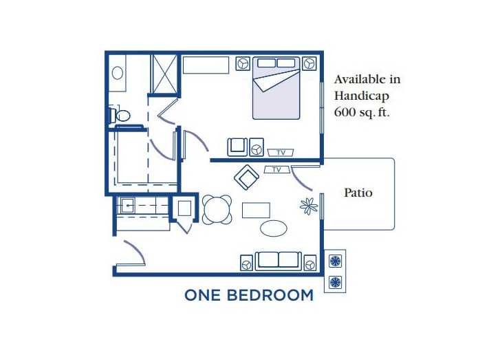 Floor plan of a one-bedroom apartment including a patio, designed for accessibility and encompassing 600 square feet.