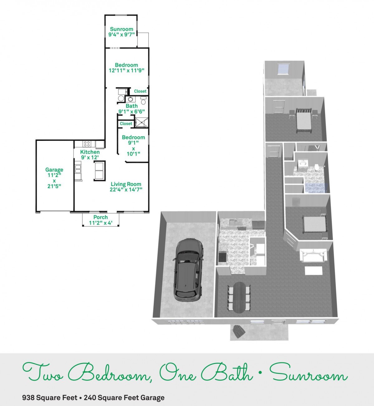 A two-bedroom, one-bathroom house floor plan with a garage depicted in both 2D and 3D views.