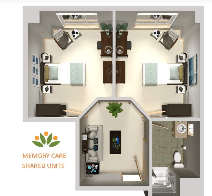 A floor plan for a memory care shared unit with two bedrooms, a common area, and a bathroom.