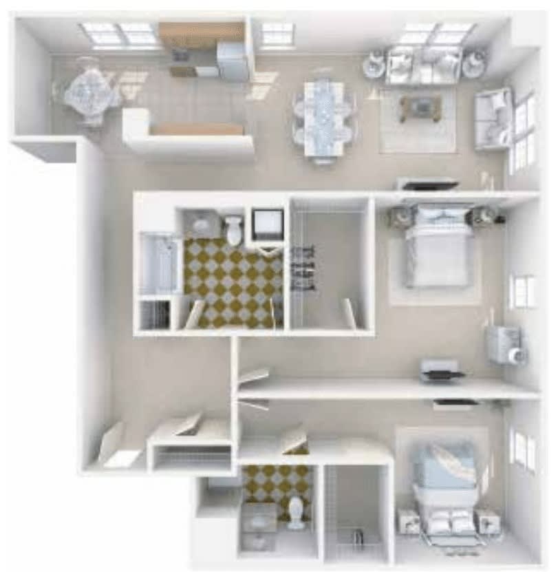 A 3D rendering of an apartment floor plan showing multiple rooms including a kitchen, living room, bedrooms, and bathrooms.