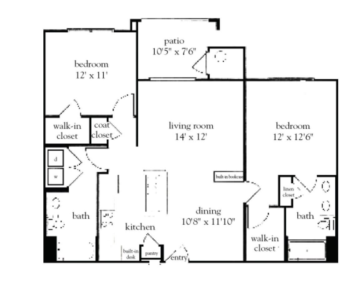 A floor plan of a two-bedroom apartment featuring a living room, dining area, kitchen, bathroom, and a patio.