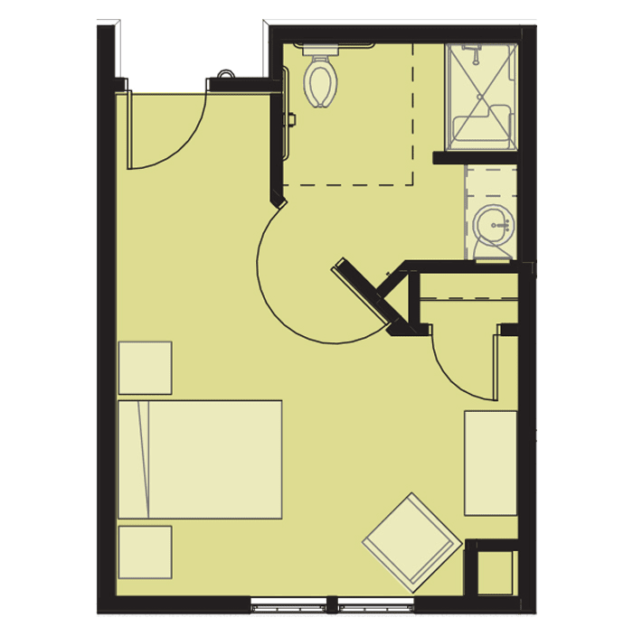 A compact apartment floor plan with an accessible bathroom.