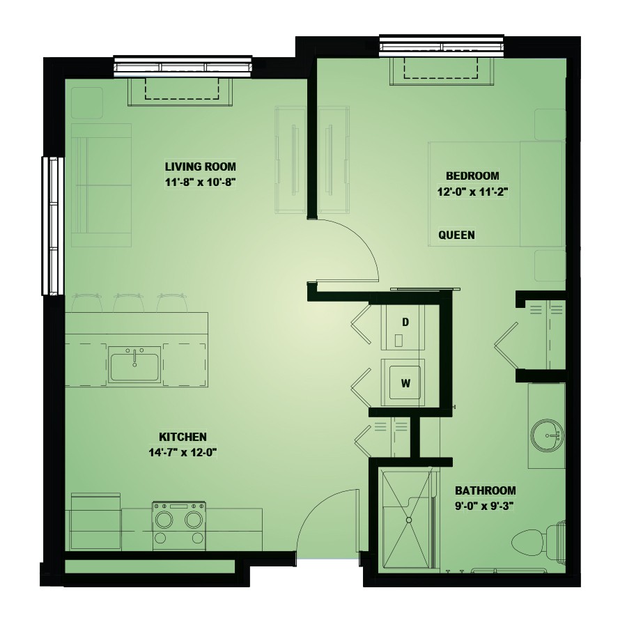 A floor plan of an apartment showing the layout of rooms, including a living room, bedroom, kitchen, and bathroom.