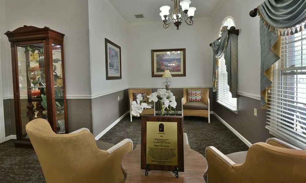 A cozy waiting room with elegant decor and comfortable seating.