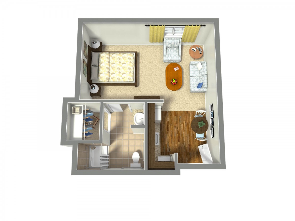A 3D floor plan of a one-bedroom apartment featuring a bedroom, living area, kitchen, and bathroom.