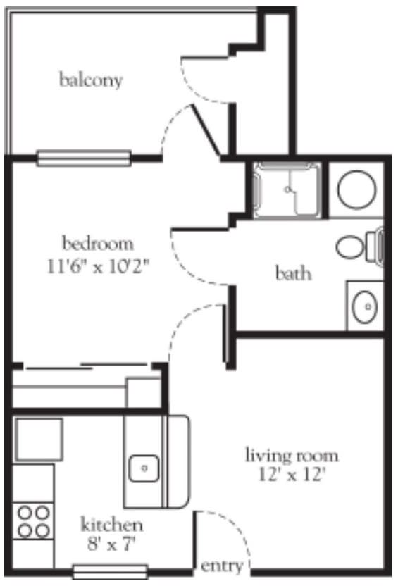 A floor plan of a one-bedroom apartment with labeled dimensions for the bedroom, living room, and bathroom.