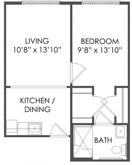 A simple floor plan of a one-bedroom apartment with living, kitchen/dining, and bathroom areas.