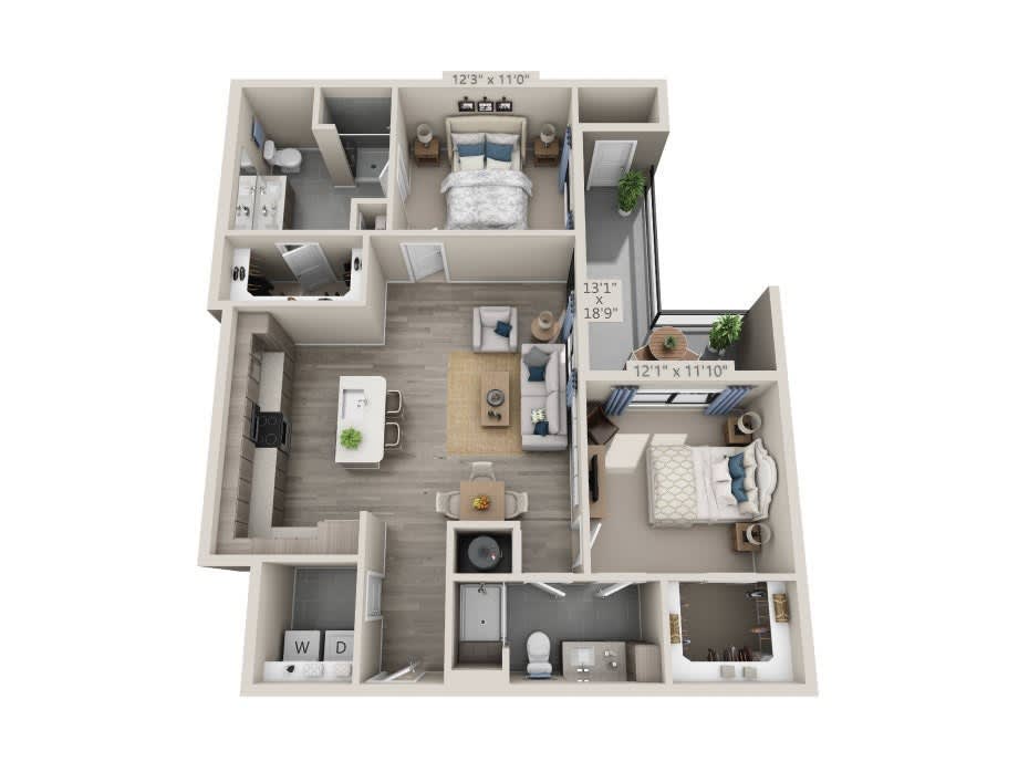 A detailed floor plan of a two-bedroom apartment with a living room, kitchen, bathrooms, and a balcony.