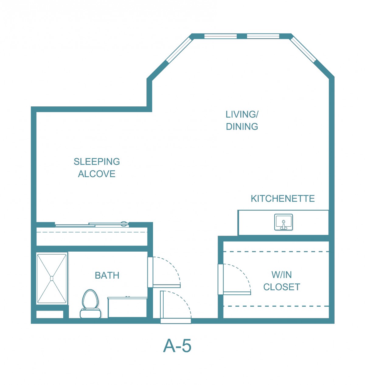 A studio apartment floor plan featuring a living/dining area, sleeping alcove, kitchenette, and bath.