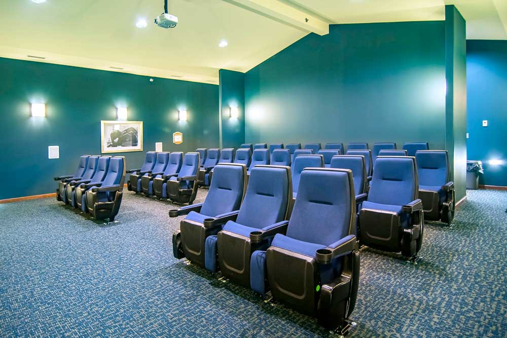 An empty movie theater with rows of blue seats and a projector screen.