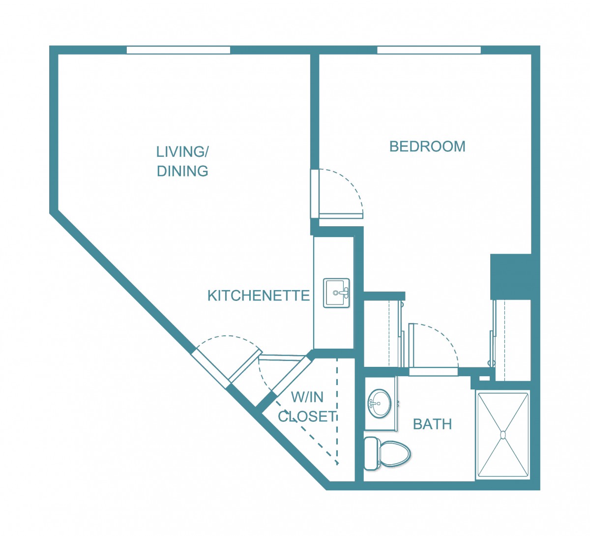 A floor plan of a one-bedroom apartment, featuring a living/dining area, kitchenette, bedroom, and bathroom.