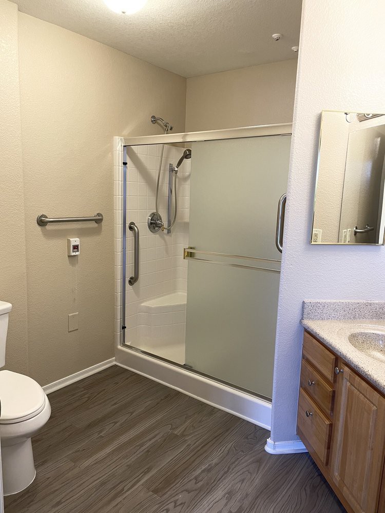 A modern bathroom featuring a walk-in shower with grab bars, a toilet, and a vanity sink with mirror.