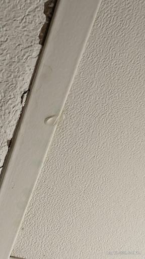 A close-up view of a textured ceiling with visible seam and paint details.
