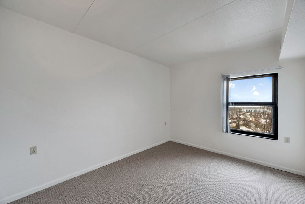 An empty room with white walls and carpet, featuring a window letting in daylight.