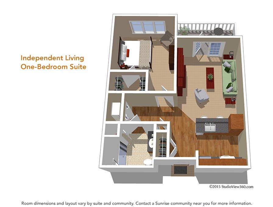 3D floor plan of an independent living one-bedroom suite.