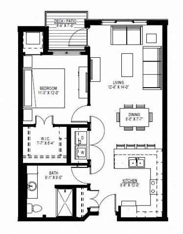 A detailed floor plan showing the layout of an apartment, including a bedroom, kitchen, dining area, and living room.