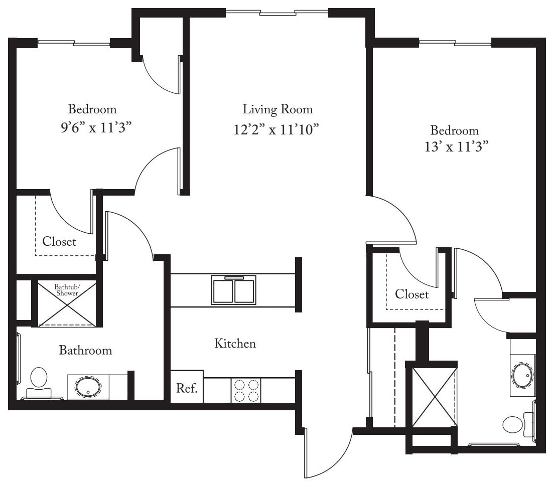 A floor plan showing a two-bedroom apartment layout with labeled room dimensions.