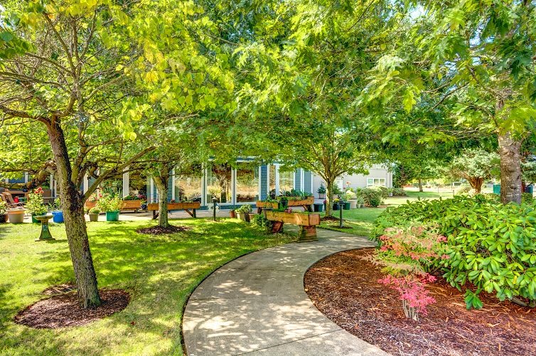 A beautiful garden path lined with trees and vibrant greenery.