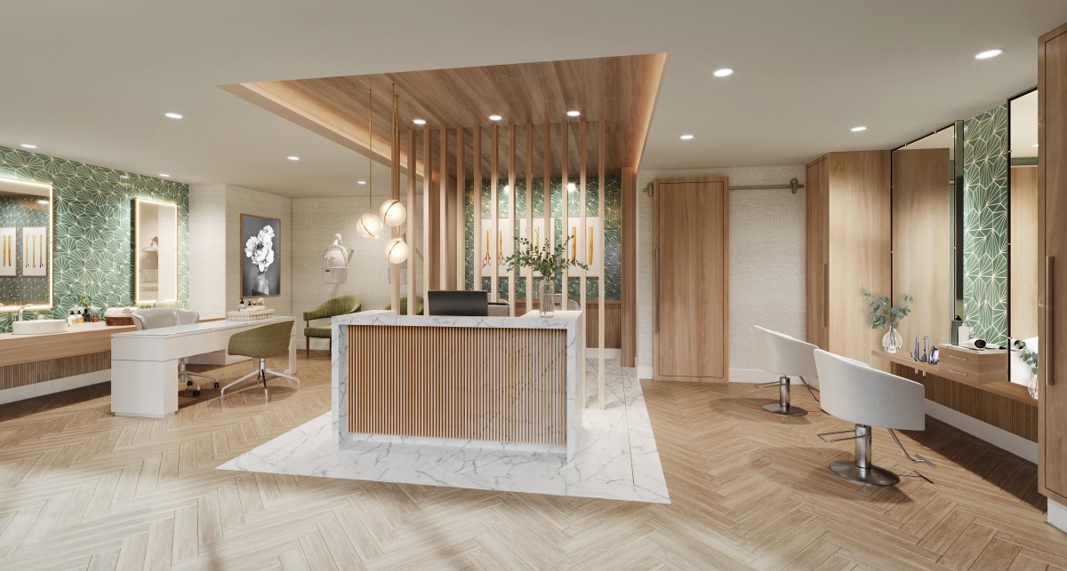 A modern reception area with wood accents and a marble desk, featuring contemporary lighting and neutral tones.
