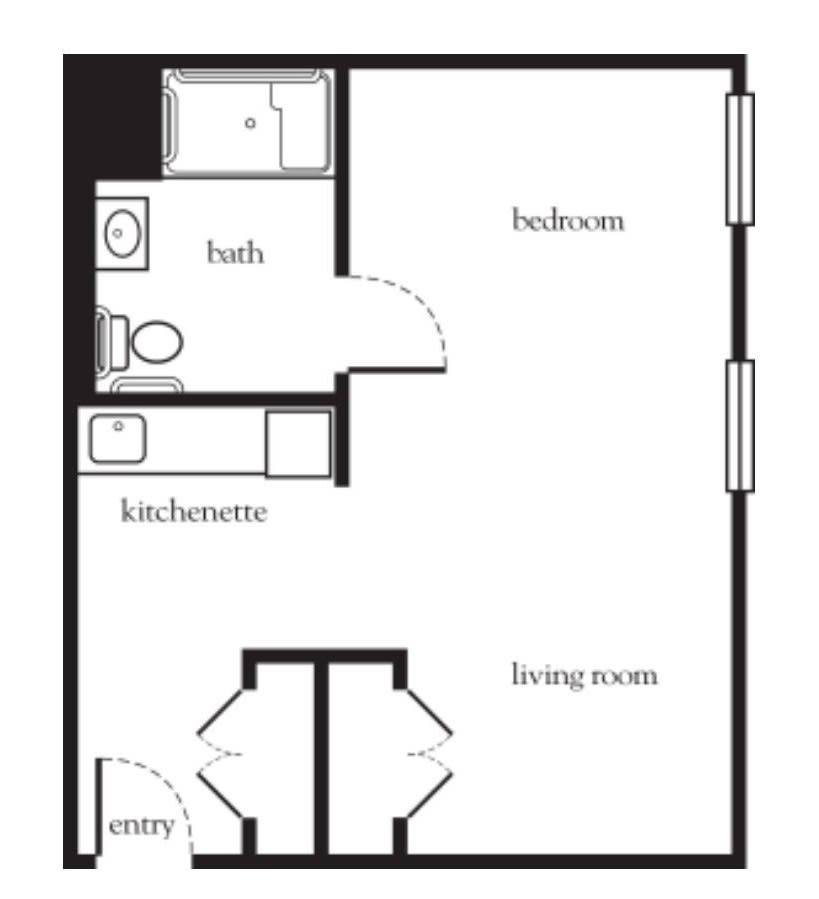 A floor plan of a studio apartment with designated areas for living room, kitchenette, bedroom, and bathroom.