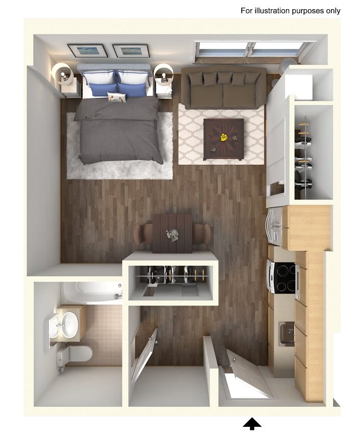Aerial view of a cozy studio apartment floor plan featuring combined living, sleeping, and kitchen areas with an adjacent bathroom.