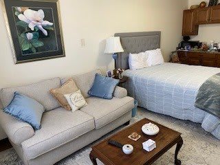 Cozy studio apartment with a sofa, bed, and coffee table.