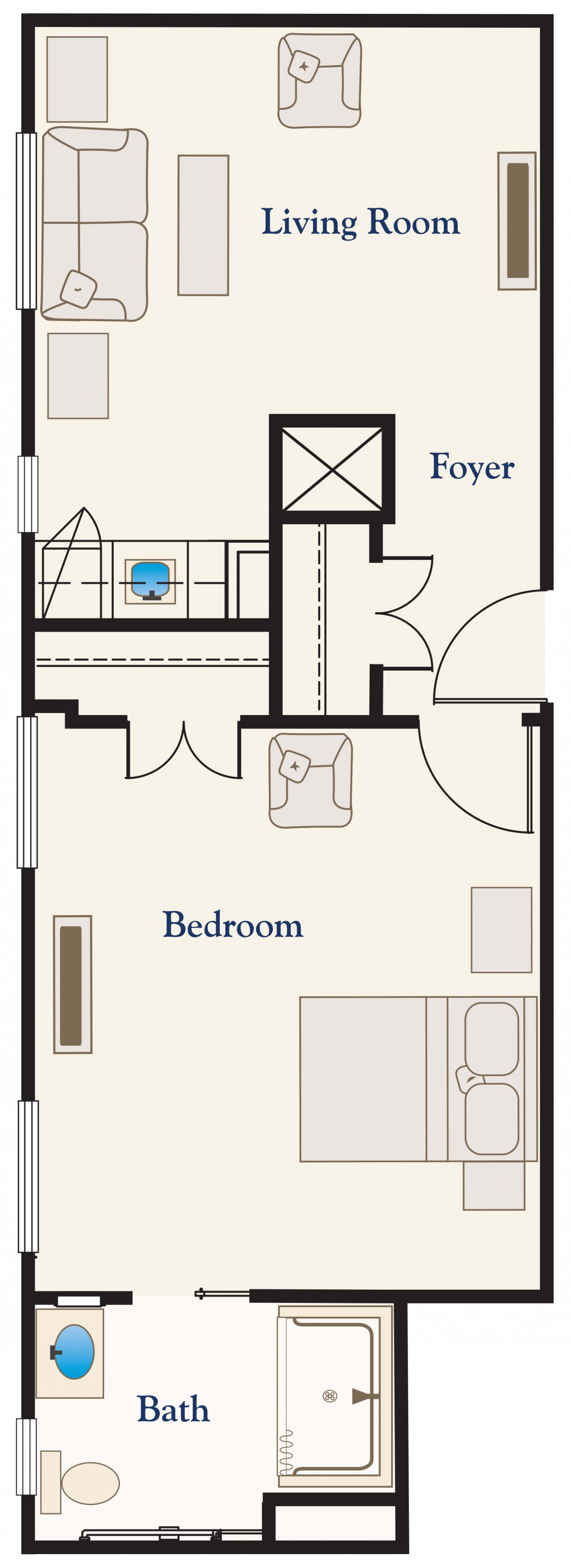 A floor plan showcasing the layout of a bedroom and adjacent areas.