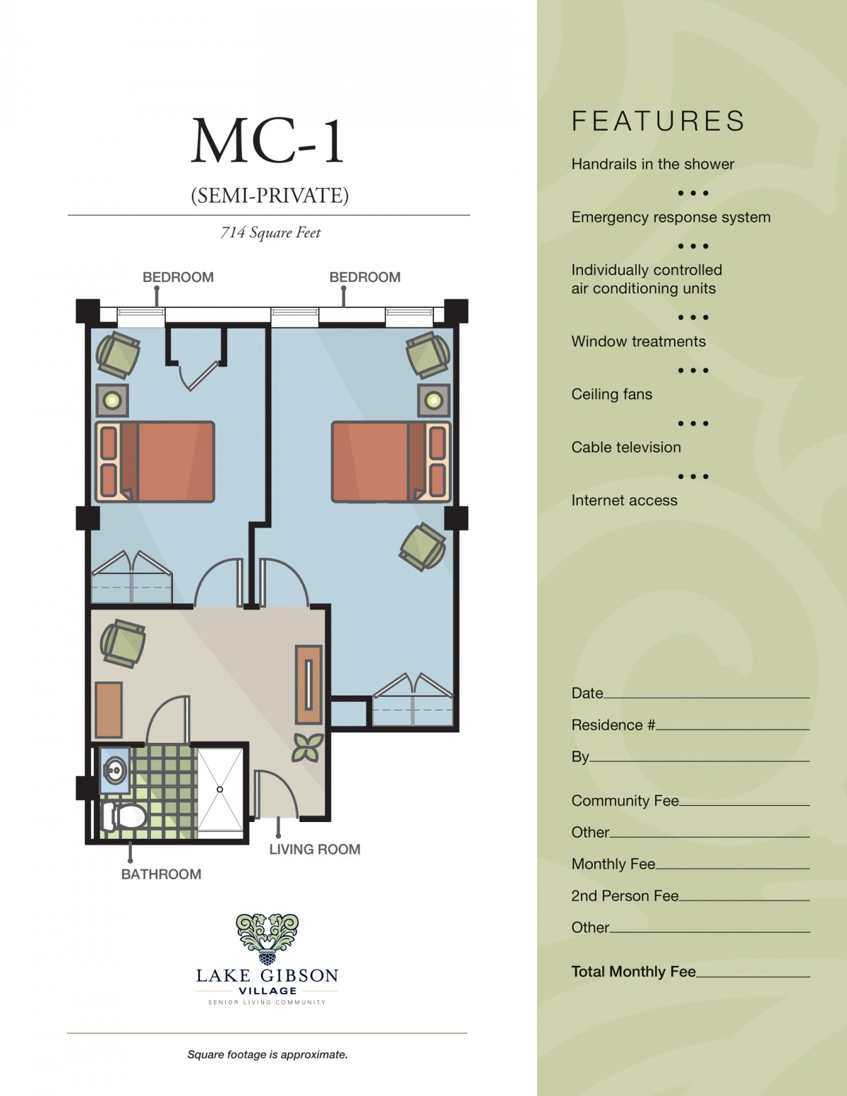 This image depicts a floor plan for an MC-1 model apartment, featuring two bedrooms, a kitchen, living room, and a bathroom layout.