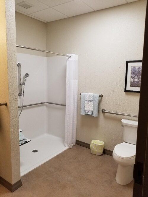 An accessible bathroom with a walk-in shower and handrails.