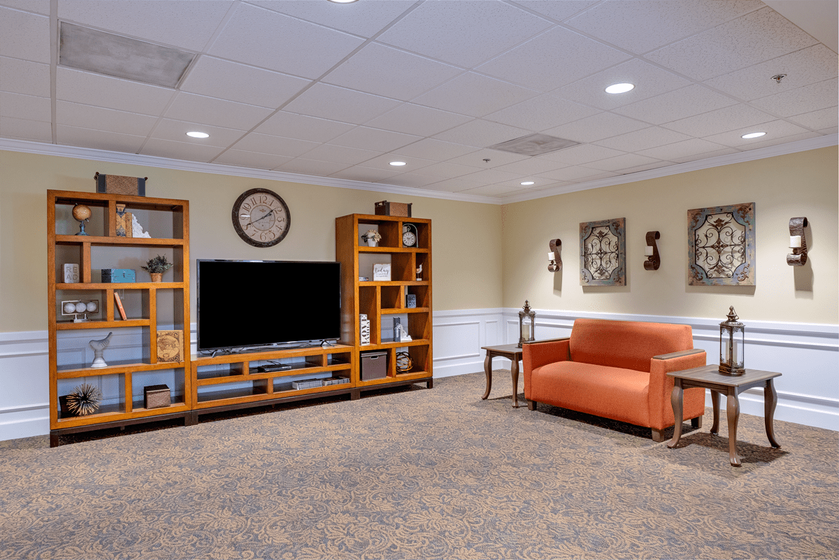 A cozy living room with a sofa, TV, and bookshelf.