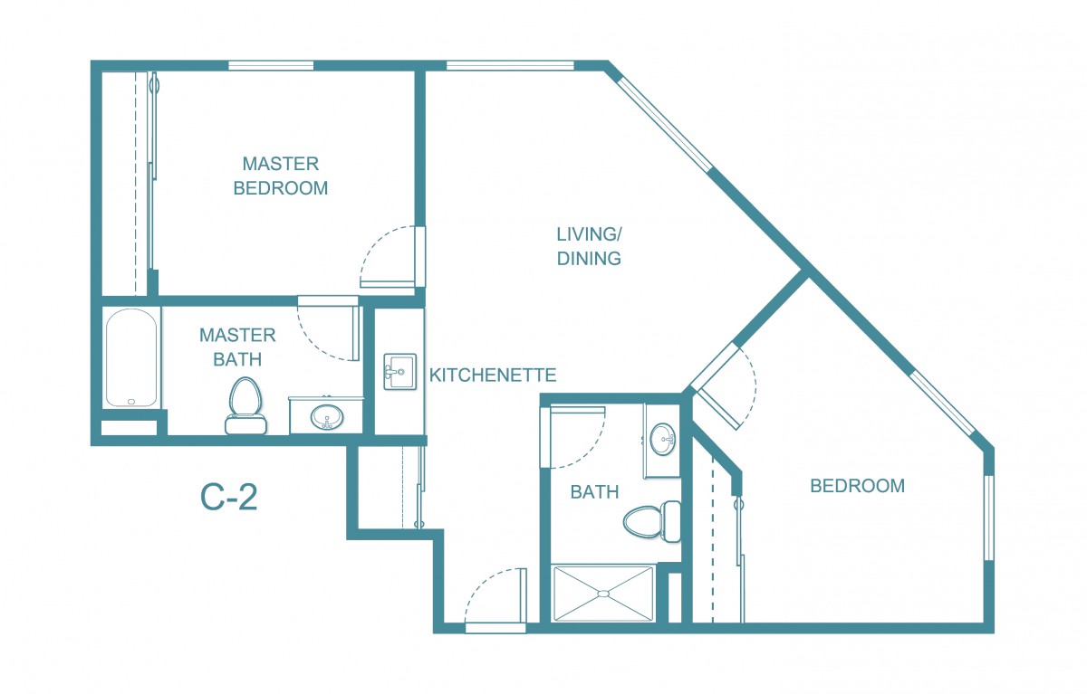 A floor plan layout of a two-bedroom apartment with living/dining area, kitchenette, and two bathrooms.