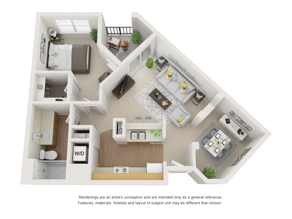This is a 3D floor plan of an apartment featuring a living area, kitchen, bedroom, and bathroom.
