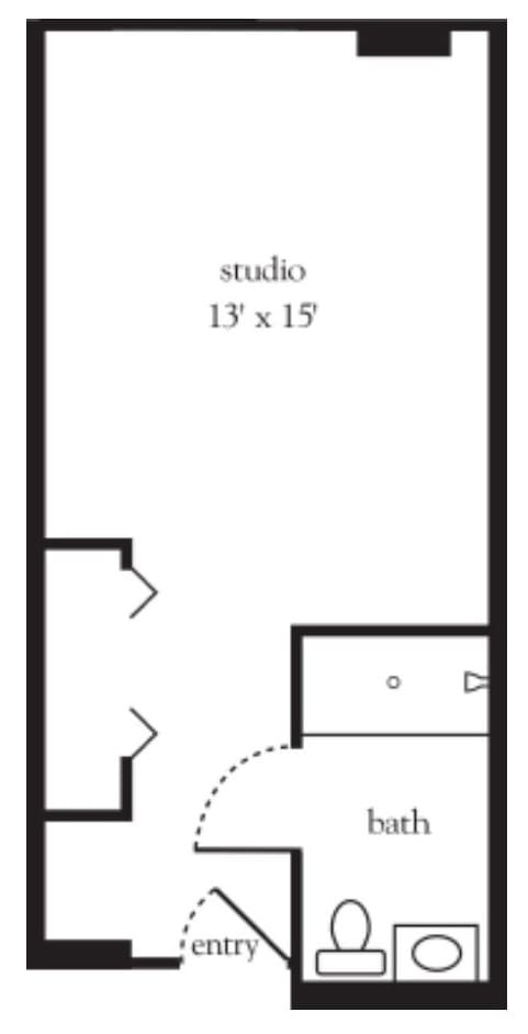 A floor plan layout of a studio apartment measuring 13x15 feet.