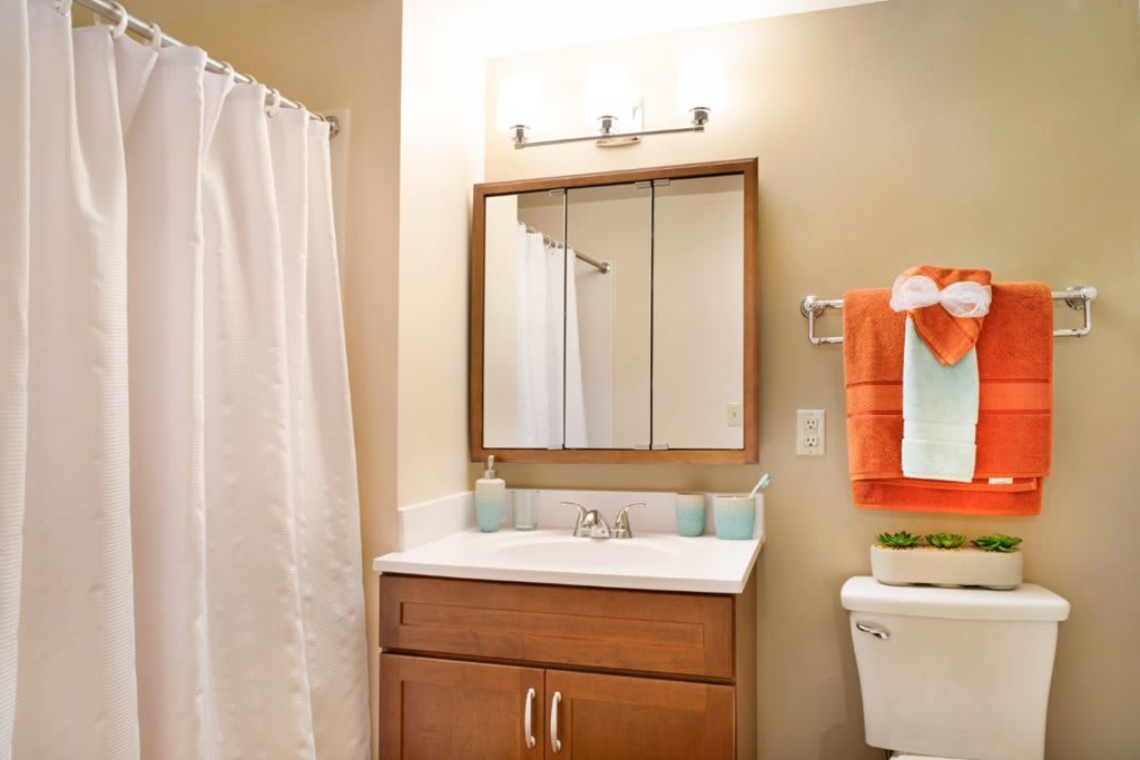 A clean and organized bathroom with a wooden cabinet, mirror, and modern fixtures.