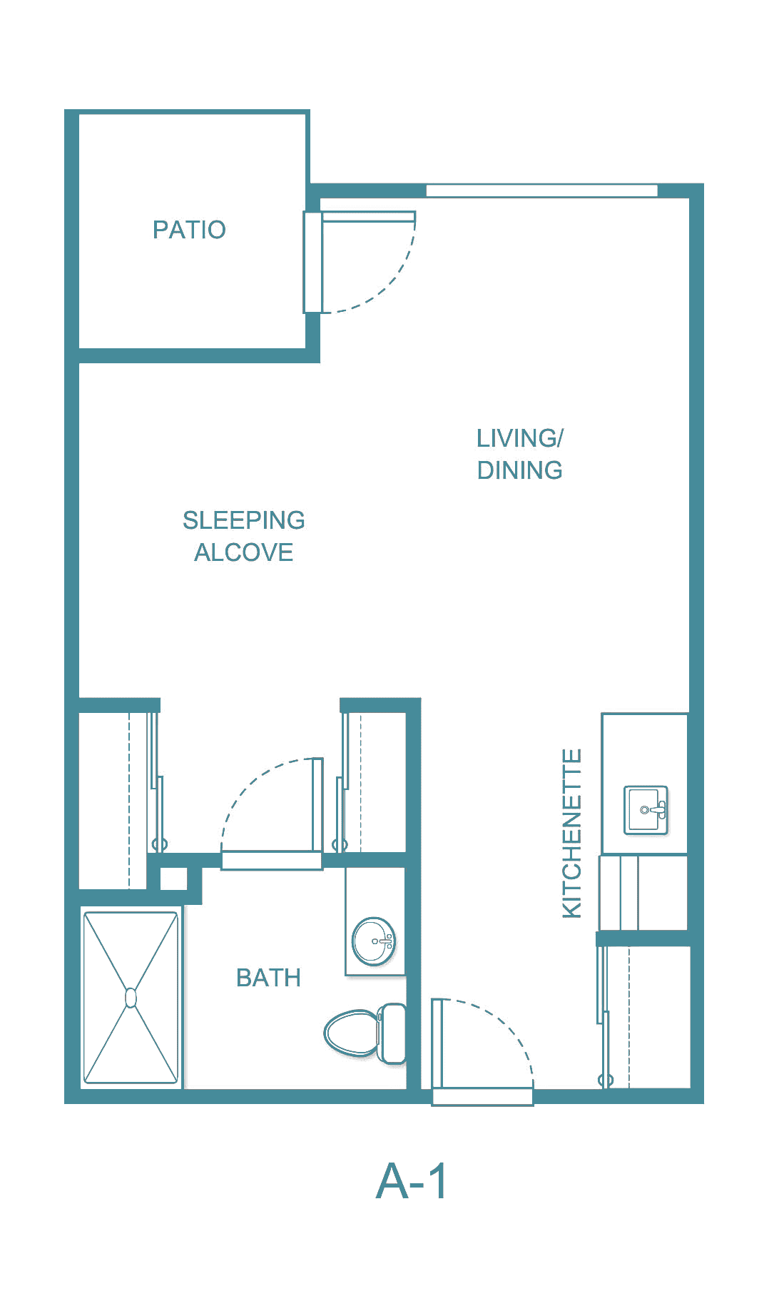 A floor plan of a studio apartment featuring a sleeping alcove, living/dining area, kitchen, and bathroom.